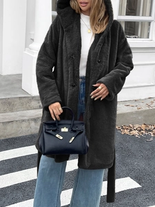 Manteau élégant gris foncé en fausse fourrure à capuche avec ceinture pour femme
