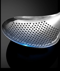 Close-up of polished 304 stainless steel skimmer with fine drain holes and smooth edges