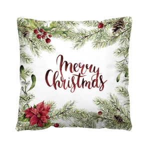 Watercolor Merry Christmas pillow case with Santa and reindeer motifs on linen fabric