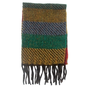 Close-up of multicolored striped scarf with knitted texture and fringe detail