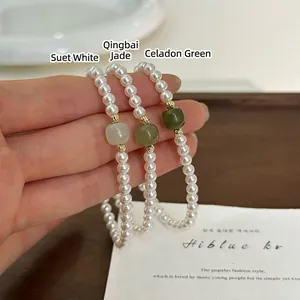 Handmade beaded bracelet with pearls and Hetian jade charm in three natural colors