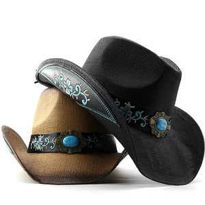 Chapeau De Cowboy Occidental Tissé Style Paille Soleil Avec Broderie Florale Turquoise Large Bord Bohème Pour Hommes Femmes