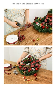 Detail of DIY Christmas wreath featuring pine needles, red berries and checkered ribbon
