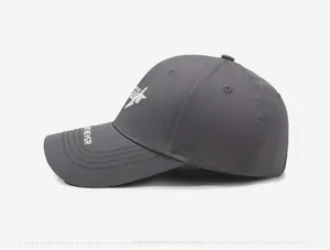 Detailed side view of charcoal grey baseball cap with white Never lightning embroidery