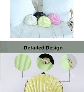Detail shot of acrylic shell-shaped evening clutch with gold metal buckle and chain