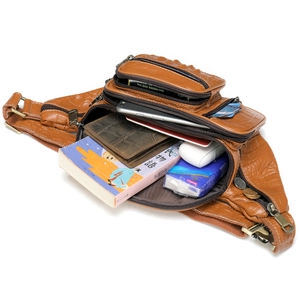 Brown crocodile leather waist bag for men with multiple zipper compartments and large capacity