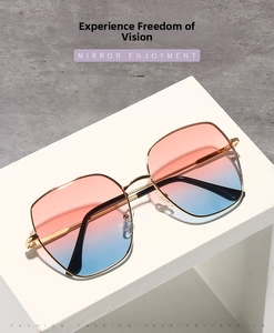 Detailsicht der quadratischen Metall-Sonnenbrille mit pink-blauem Farbverlauf auf Sockel