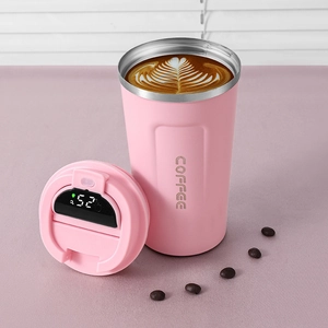 Pink smart coffee mug with 304 stainless steel interior and LED temperature display