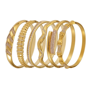 6-piece geometric bamboo pattern gold-plated stainless steel bangles set with zircons