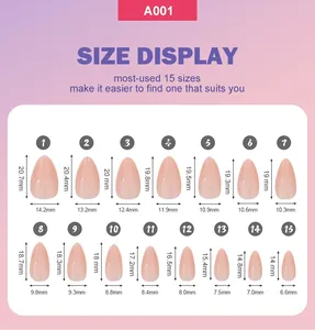 Detailed size chart showing 15 different dimensions for almond-shaped press-on nails