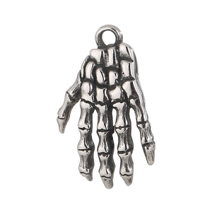 Vintage stainless steel skeleton hand pendant with detailed silver texture on white background
