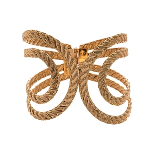 Chunky gold textured irregular geometric cuff bracelet with layered woven metal design