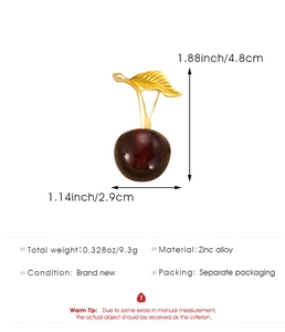 Détails de taille et poids de la broche cerise en alliage de zinc avec feuilles dorées