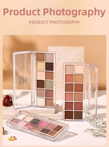 Three versatile 12-color eyeshadow palettes with matte and shimmer shades on stone display