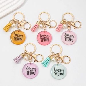 Porte-clés Rond en Résine Pailletée Avec Gland Künstliche Perle Love You Mom Pendentif de Sac Cadeau Femme Fête des Mères