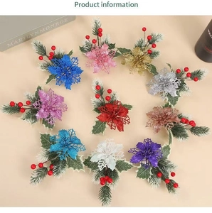 Flat lay of colorful DIY Christmas pine needles and poinsettia flower pick decorations