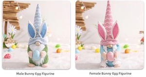 Close-up of Easter gnomes with rabbit ears holding colorful eggs in a warm home setting