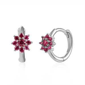 Detailed close-up of 925 sterling silver flower earrings with purple zircon stones