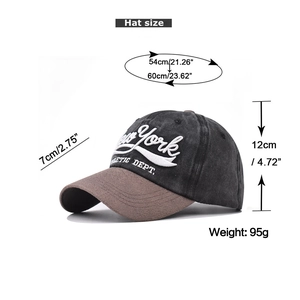 Size chart for New York embroidered cotton baseball cap with dimensions and weight specs