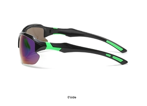 Side view of outdoor cycling sunglasses featuring black frame and fluorescent green tips
