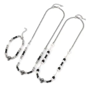Punk Gothic Skull Necklace Bracelet Stainless Steel Imitation Artificial Pearl Beaded Streetwear Jewelry For Men Women