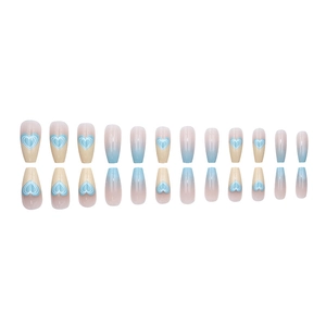 Blue gradient coffin press-on nails with heart patterns and minimalist line art design