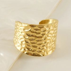 18K gold-plated titanium steel ring with wide hammered surface and open adjustable fit