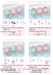 Detailed view of macaron stationery set components with precise size specifications