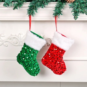 Christmas Stocking Hanging Ornament Sequin Fabric White Faux Fur Trim Holiday Tree Decor Candy Gift Bag Red Green