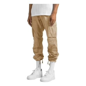 Men's khaki cargo pants with multi-pockets and drawstring hem in durable cotton fabric