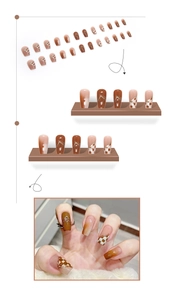 Faux ongles à damier marron mocha avec dégradé ambre et détails à paillettes dorées