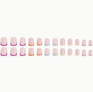 Short square press-on nails with colorful French tips and 24-piece assorted size set