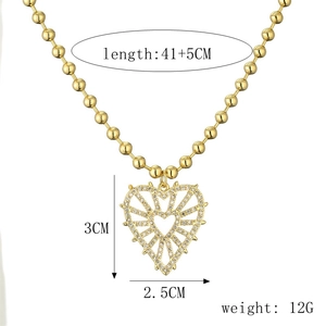Gold hollow heart pendant necklace with zircons and dimensions marked on white background