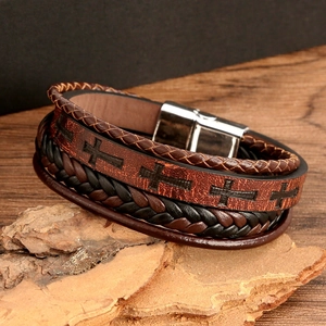 Retro multi-layer braided leather bracelet with cross pattern and metal magnetic clasp