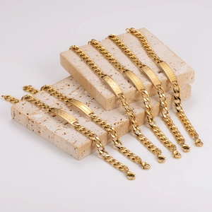 Close-up of gold stainless steel link bracelets with various geometric curved plates