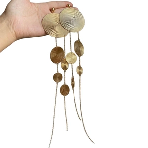 Golden geometric round textured earrings with long metallic fringe tassels for women