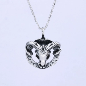 Collier crâne de bélier vintage en argent avec Valknut et runes nordiques sur chaîne