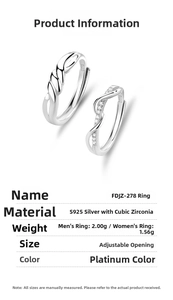 Detailed specifications table of S925 sterling silver couple rings with cubic zirconia