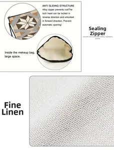 Detail of linen cosmetic bag with geometric flower print and smooth alloy zipper puller