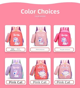 Detail view of colorful kids backpacks featuring cute unicorn and cat cartoon designs