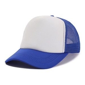 Detail of blue and white mesh trucker hat showing breathable back panels and curved brim