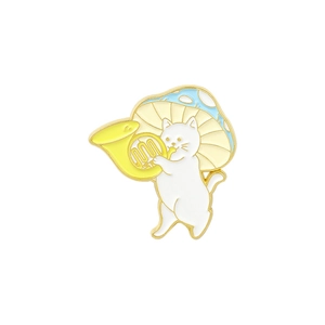 Cartoon white cat with french horn and mushroom enamel pin brooch in golden finish