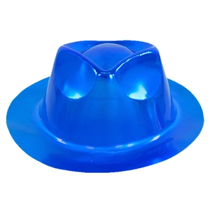 Metallic bright blue plastic top hat for party costumes with high gloss finish