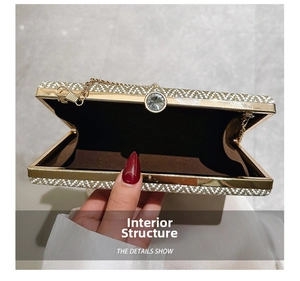 Internal view of acrylic evening clutch featuring woven texture and crystal clasp closure