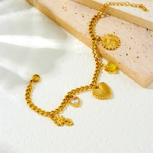 Gold-plated stainless steel chain bracelet with daisy, heart, and butterfly charms