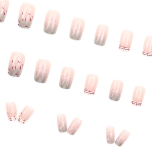 Pink and grey gradient press-on nails with leopard bow and heart patterns in short square shape