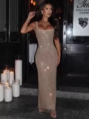 Sparkling champagne gold sequined floor-length bodycon dress with square neckline