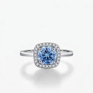 Halo Ring 925 Sterling Silver Round Blue Moissanite Vintage Elegant Wedding Engagement Jewelry For Women