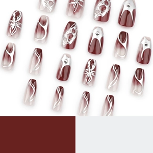Short ballet ombre wine red press-on nails with silver tribal flame designs