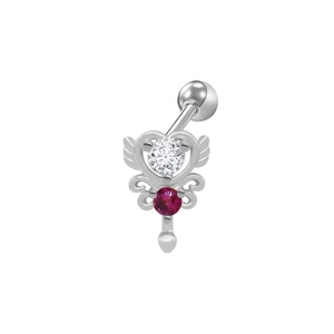 Dettaglio piercing ombelico a cuore argento con ali e pietre di zircone rosa e trasparente